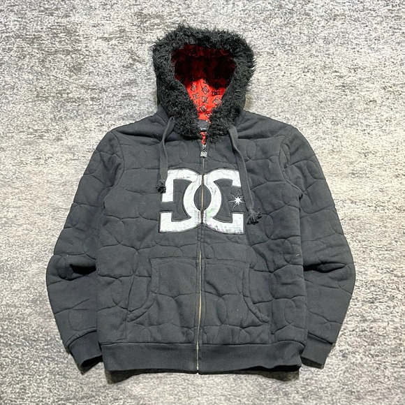 Vintage Y2K DC Fur Hoodie Zip Up Sweatshirt Mens Small Black Grunge Skater
